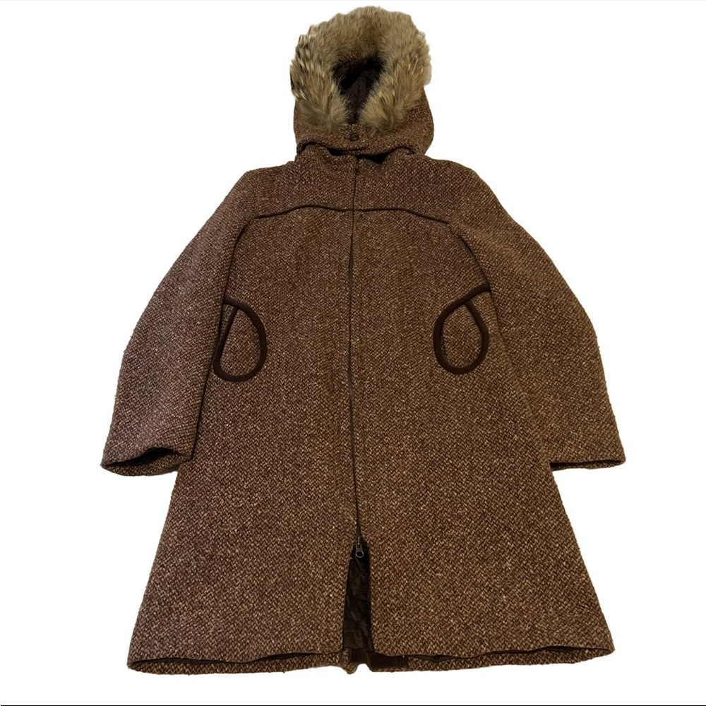 Soia & Kyo Coat Wool Jacket Zip Parka Fur Hood Brown Tweed L Large